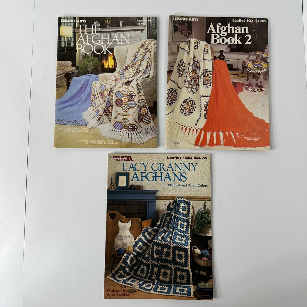 3 Vintage Leisure Arts Leaflets 63 102 480 Afghan Book 1 & 2 Lacy Granny 70s 80s